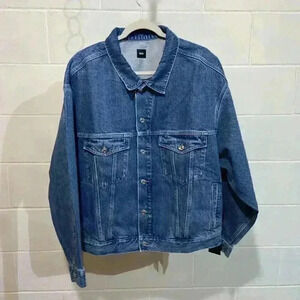 EDWIN Anthropologie Womens Cody Denim Jacket LARGE Blue Moto Grunge 80s Festival